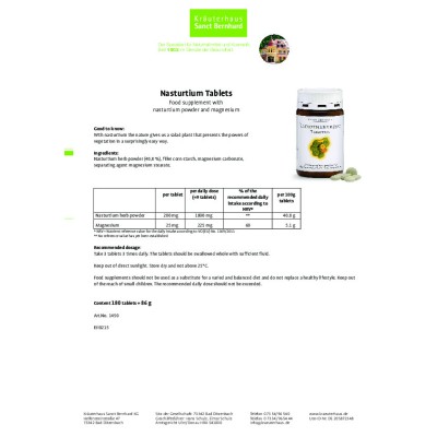 Nasturtium (Латинка) 180 таблетки | Sanct Bernhard При простудни и грипни състояния. Заболявания на горните дихателни пътища и белите дробове. При кашлица и бронхит Инфекции на бъбреците, пикочни Nasturtium (Латинка) 180 таблетки | Sanct Bernhard При прос