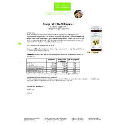 Omega 3 Perilla oil 150 капсули | Sanct Bernhard Екологично чист продукт с високо качество Подобрява състоянието и функциите на мозъка За пречистване на сърдечно-съдовата система и подобряване на нейното съст Omega 3 Perilla oil 150 капсули | Sanct Bernha