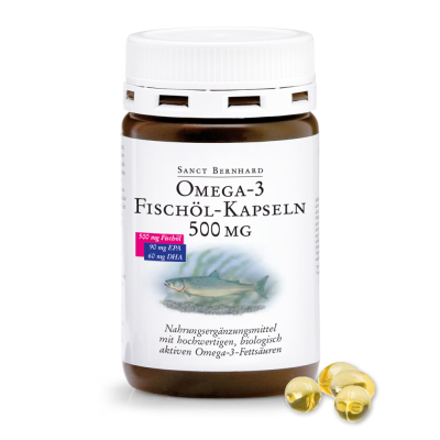 Omega-3 Рибено Масло 500 мг 120/400 капсули | Sanct Bernhard Всяка капсула съдържа 500 мг ценно рибено масло С над 30% естествени полиненаситени омега-3 мастни киселини Допринася за здрава сърдечна Omega-3 Рибено Масло 500 мг 120/400 капсули | Sanct Bernh