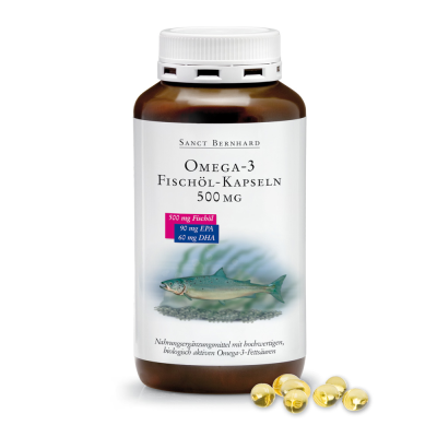 Omega-3 Рибено Масло 500 мг 400 капсули | Sanct Bernhard Всяка капсула съдържа 500 мг ценно рибено масло С над 30% естествени полиненаситени омега-3 мастни киселини Допринася за здрава сърдечна функ Omega-3 Рибено Масло 500 мг 400 капсули | Sanct Bernhard