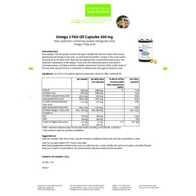 Omega-3 Рибено Масло 500 мг 120/400 капсули | Sanct Bernhard Всяка капсула съдържа 500 мг ценно рибено масло С над 30% естествени полиненаситени омега-3 мастни киселини Допринася за здрава сърдечна Omega-3 Рибено Масло 500 мг 120/400 капсули | Sanct Bernh