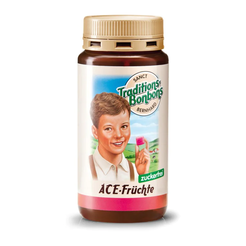 Traditional Candies ACE-Fruits за Деца без захар 170 гр. | Sanct Bernhard Traditional Candies ACE-Fruits за Деца без захар 170 гр. Traditional Candies ACE-Fruits за Деца без захар 170 гр. | Sanct Bernhard Традиционни бонбони с аромат на портокал, праскова и малина Съдържат витамини А, С и Е С натурални растителни екстракти Не съдържат Traditional Candies ACE-Fruits за Деца без захар