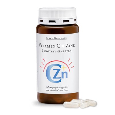 Vitamin C + Zinc Удължено освобождаване 180 капсули | Sanct Bernhard Идеална комбинация от витамин С и цинк за силен организъм Повишава имунитета Подобрява мозъчната дейност Предпазва от вируси и настинки Vitamin C + Zinc Удължено освобождаване 180 капсул