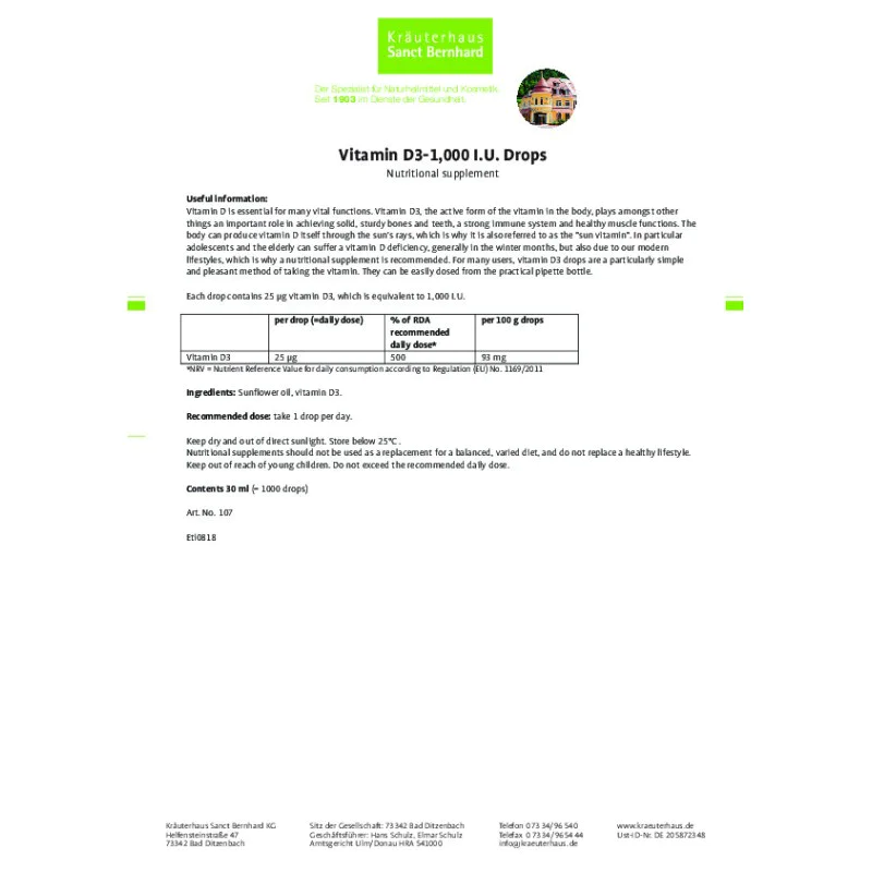 Vitamin D3 1000 IU на капки 30 мл | Sanct Bernhard Vitamin D3 1000 IU на капки 30 мл | Sanct BernhardЗа здрави кости и зъби
Стимулира силната и здрава имунна система
Грижи се за мускулната функция
Всяка капка съдържа 25 μg витамин D3, което с Vitamin D3 1000 IU на капки 30 мл | Sanct Bernhard За здрави кости и зъби Стимулира силната и здрава имунна система Грижи се за мускулната функция Всяка капка съдържа 25 μg витамин D3, което се равнява Vitamin D3 1000 IU на капки 30 мл | Sanct Bernhard За
