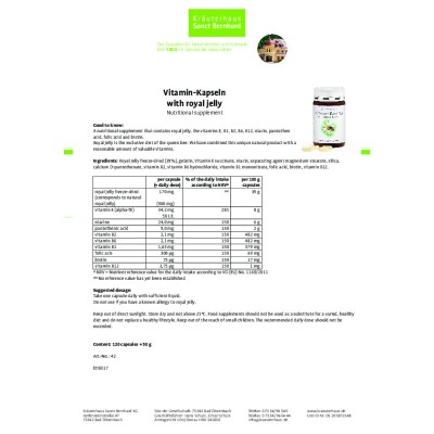 Vitamin With Royal Jelly 120 капсули | Sanct Bernhard Vitamin With Royal Jelly 120 капсули | Sanct BernhardПодобрява нивата на глюкоза в кръвта
Подсилва имунната система
Облекчава симптомите на менопаузата
Намалява възпалението и оксидативния Vitamin With Royal Jelly 120 капсули | Sanct Bernhard Подобрява нивата на глюкоза в кръвта Подсилва имунната система Облекчава симптомите на менопаузата Намалява възпалението и оксидативния стрес Положи Vitamin With Royal Jelly 120 капсули | Sanct Bernhar