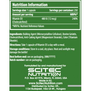 Vitamin D3 480 IU 250 капсули | SCITEC Nutrition