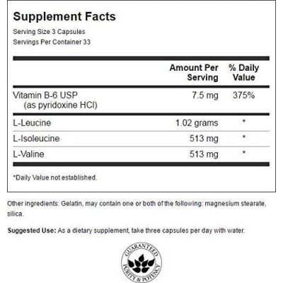 BCAA Branched-Chain Amino Acids 100 капсули | Swanson Играе жизненоважна роля в мускулния растеж и възстановяване Съдържа левцин, изолевцин и валин в антикатаболното съотношение 2: 1:1 Ускорява възстанов BCAA Branched-Chain Amino Acids 100 капсули | Swans