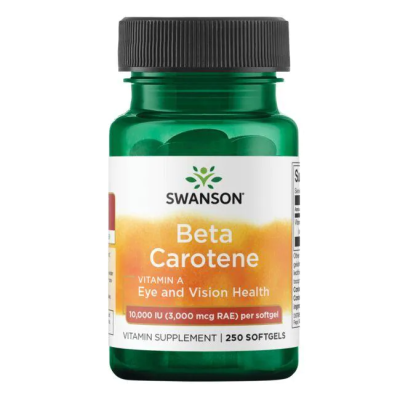 Beta Carotene (Vitamin A) 10000 IU 250 гел-капсули | Swanson Важно хранително вещество, преобразуващо се във витамин А Допринася за метаболизма на желязо Помага за поддържане на нормалната кожа, лигавици и зр Beta Carotene (Vitamin A) 10000 IU 250 гел-кап