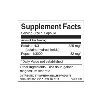 Betaine HCI Hydrochloric Acid with Pepsin 250 капсули | Swanson За правилно усвояване на протеините в храната Срещу различни стомашни неразположения Добро средство за контролиране на процесите при храносмилан Betaine HCI Hydrochloric Acid with Pepsin 250 