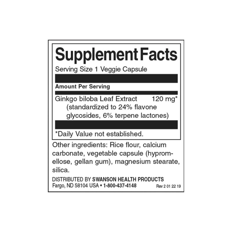 Standardized Ginkgo Biloba Extract 120 мг 100 капсули | Swanson Standardized Ginkgo Biloba Extract 120 мг 100 капсули | Swanson