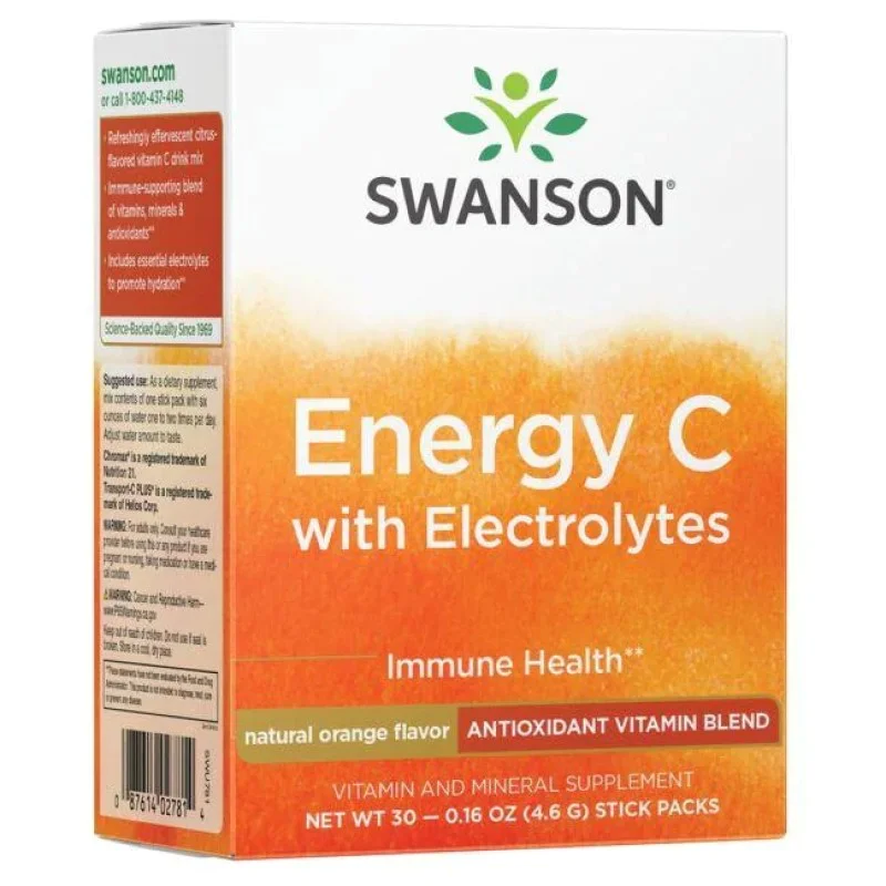 [Energy C with Electrolytes вкус портокал 30 пакетчета | Swanson Подпомагаща имунитета смес от витамини, минерали и антиоксиданти Включва основни електролити за насърчаване на хидратацията С приятен портокалов