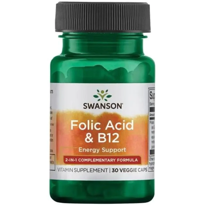 [Folic Acid & B12 30 веге капсули | Swanson Предпазва от развитие на анемия Грижи се за здравето на сърцето Запазва енергийните нива в организма Фолиева Киселина и Витамин Б12 на капсули е на топ цена о