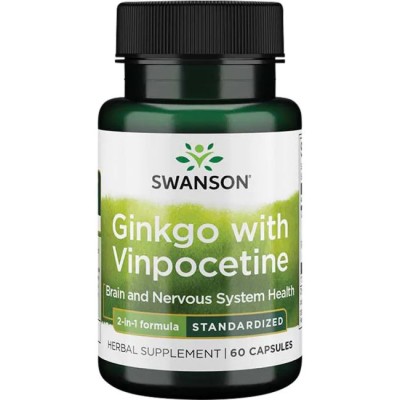 Ginkgo with Vinpocetine 60 капсули | Swanson Подобрява дългосрочната и краткосрочната памет Увеличава бдителността Предотвратява обратни исхемични увреждания на мозъка, мускулите, черния дроб и Поддържа зд Ginkgo with Vinpocetine 60 капсули | Swanson Подо