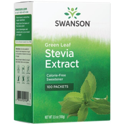 Green Leaf Stevia Extract 100 пакетчета | Swanson 100% естествен подсладител Безкалоричен заместител на захарта на растителна основа Има отлични антиоксидантни свойства 250-300 пъти по-сладък от обикновена Green Leaf Stevia Extract 100 пакетчета | Swanson