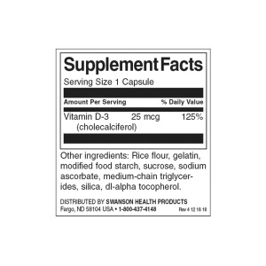 High Potency Vitamin D-3 1000 IU 250 капсули | Swanson