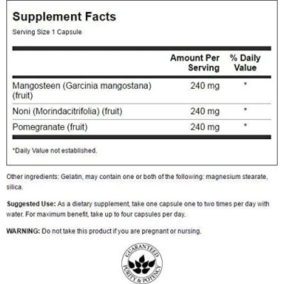 Super Fruit Complex Mangosteen/Pomegranate/Noni 90 капсули | Swanson За подсилване на имунните защити Срещу различни инфекциозни състояния Мощен антиоксидант Оказва положително влияние върху мозъ Super Fruit Complex Mangosteen/Pomegranate/Noni 90 капсули 