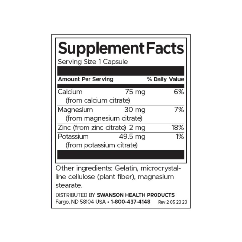 Mineral Citrate Complex - Calcium, Magnesium, Zinc, Potassium 60 капсули | Swanson Mineral Citrate Complex - Calcium, Magnesium, Zinc, Potassium 60 капсули | Swanson