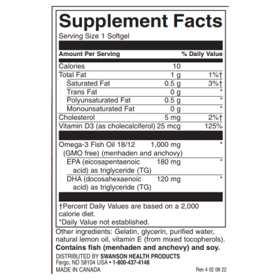 Omega-3 Fish Oil with Vitamin D Lemon Flavored 60 гел-капсули | Swanson