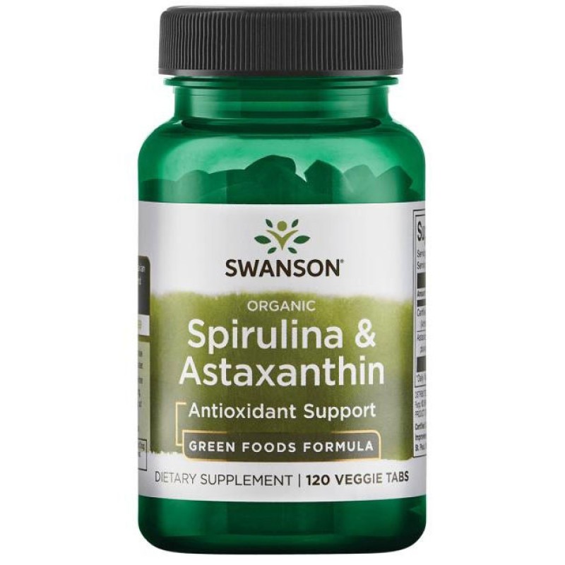 Organic Spirulina & Astaxanthin 120 веге капсули | Swanson Комбинира суперхранителни микроводорасли с антиоксидантен каротеноид 100% вегетарианска добавка без съдържание на ГМО Естествен източник на амино Organic Spirulina & Astaxanthin 120 веге к