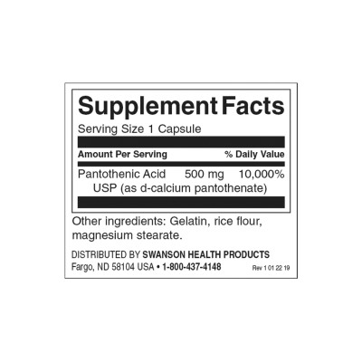 Pantothenic Acid 500 мг 250 капсули | Swanson Контролира нивата на холестерол Срещу различни стресови състояния Добро средство за понижаване нивата на триглицериди и холестерол Помага за обработката на ост Pantothenic Acid 500 мг 250 капсули | Swanson Кон