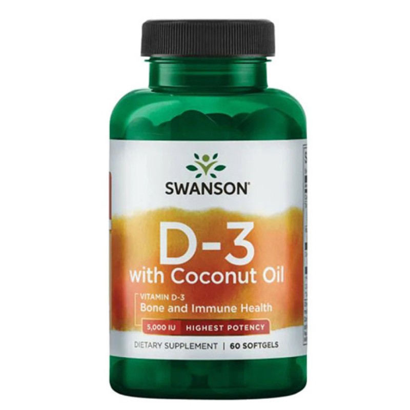 [Vitamin D3 with Coconut Oil 5000 IU 60 гел-капсули | Swanson Грижи се за доброто здраве и имунна система Подпомага здравето на костите 5000 IU в една доза Витамин Д3 с Кокосово Масло на дражета е на топ це