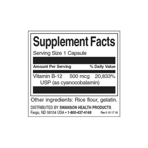 Vitamin B-12 (Cyanocobalamin) 500 мкг 100 Капсули | Swanson