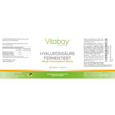 Hyaluronic Acid 50 мг + Pomegranate 250 мг 240 капсули | Vitabay Поддържа еластичността на сухожилията и връзките Разширява на обхвата на безболезнена подвижност на ставите Укрепва хрущялната тъкан Предпаз Hyaluronic Acid 50 мг + Pomegranate 250 мг 240 ка