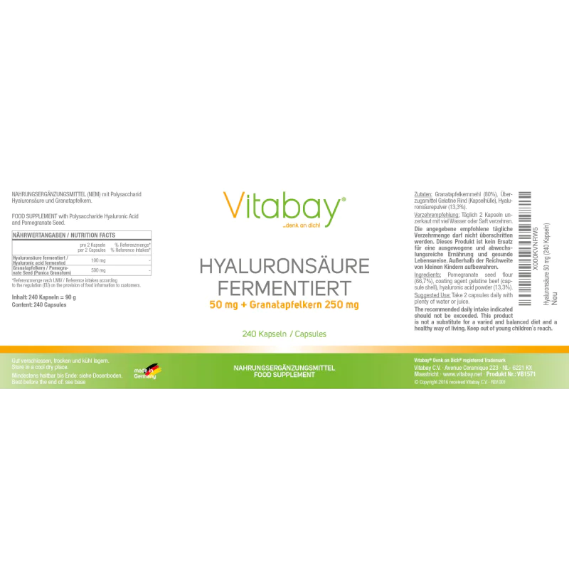 Hyaluronic Acid 50 мг + Pomegranate 250 мг 240 капсули | Vitabay Hyaluronic Acid 50 мг + Pomegranate 250 мг 240 капсули | VitabayПоддържа еластичността на сухожилията и връзките
Разширява на обхвата на безболезнена подвижност на ставите
Укрепва Hyaluronic Acid 50 мг + Pomegranate 250 мг 240 капсули | Vitabay Поддържа еластичността на сухожилията и връзките Разширява на обхвата на безболезнена подвижност на ставите Укрепва хрущялната тъкан Предпаз Hyaluronic Acid 50 мг + Pomegranate 250 мг 240 ка