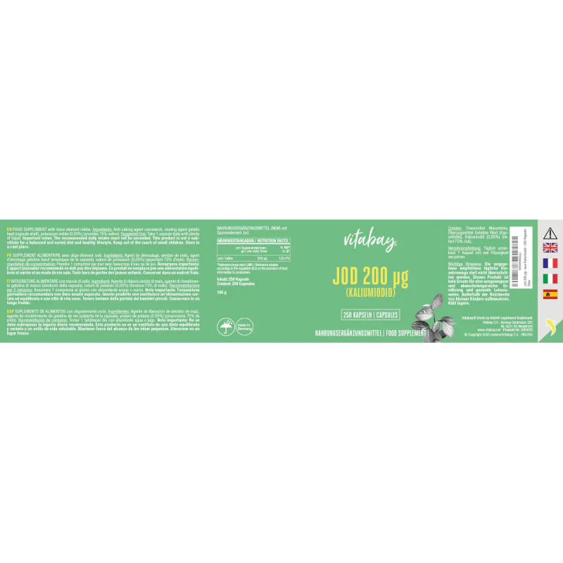 Iodine (Potassium Iodide) 200 мкг 250 капсули | Vitabay Iodine (Potassium Iodide) 200 мкг 250 капсули | VitabayДопринася за нормалното производство на тиреоидни хормони и нормалната функция на щитовидната жлеза
Спомага за нормалната когнитивна фу Iodine (Potassium Iodide) 200 мкг 250 капсули | Vitabay Допринася за нормалното производство на тиреоидни хормони и нормалната функция на щитовидната жлеза Спомага за нормалната когнитивна функция Благоприятс Iodine (Potassium Iodide) 200 мкг 250 капсули