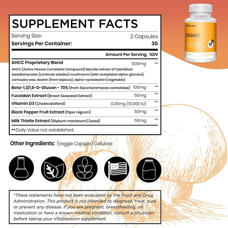AHCC & Beta Glucan & Fucoidan & Vitamin D3 60 капсули | Vitablossom AHCC & Beta Glucan & Fucoidan & Vitamin D3 60 капсули | Vitablossom