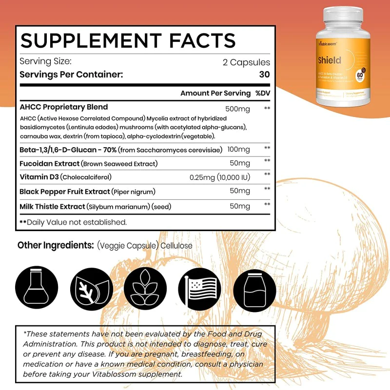 AHCC & Beta Glucan & Fucoidan & Vitamin D3 60 капсули | Vitablossom AHCC & Beta Glucan & Fucoidan & Vitamin D3 60 капсули | Vitablossom