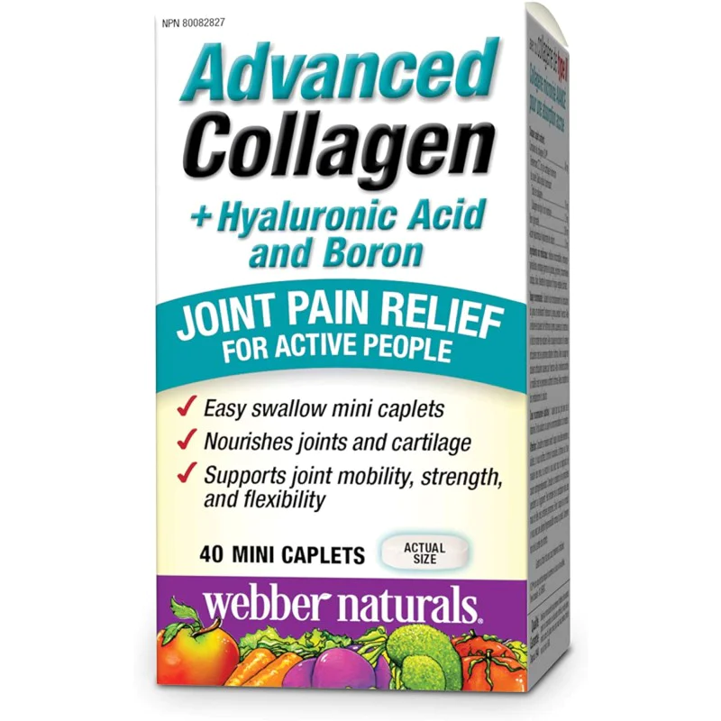Advanced Collagen + Hyaluronic Acid and Boron 40 мини каплети | Webber Naturals Отличава се с UC-II колаген, патентована марка, подкрепена от изследвания Помага за облекчаване на болки и скованост в ставите&nbsp Advanced Collagen + Hyaluronic Acid and