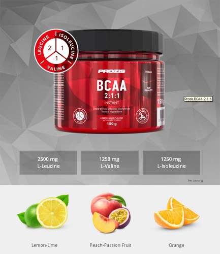 BCAA 2:1:1 Овкусен на Прах 150/300 гр на топ цена от Prozis Sport е в три плодови аромата и незабавно доставя аминокиселини на мускулите